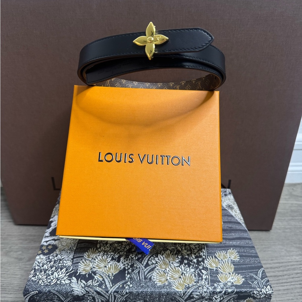 Louis Vuitton Black Belt with Gold Fleur Accent